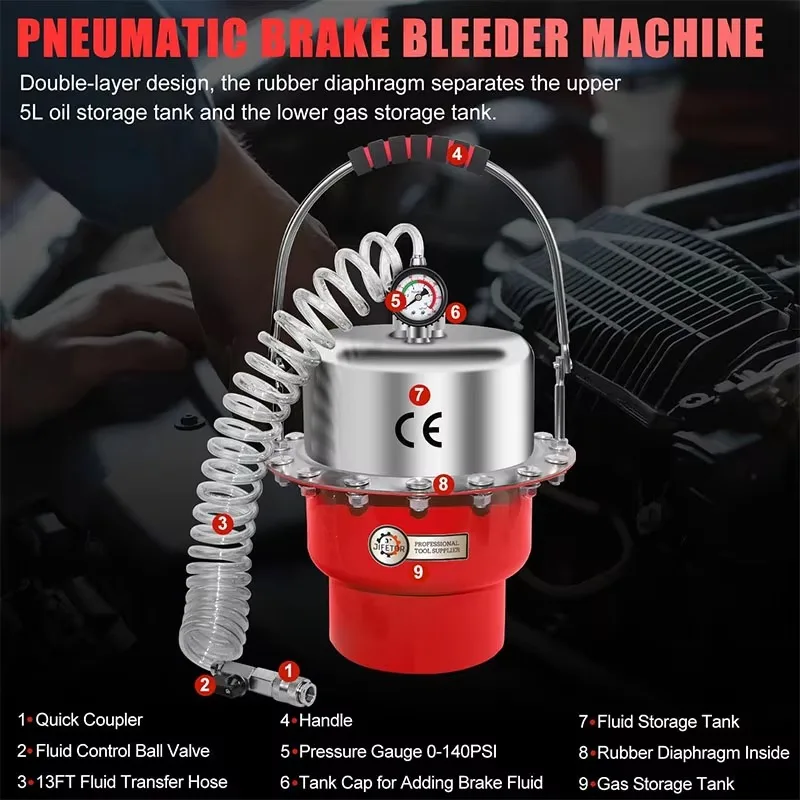 Five Litre Pneumatic Brake and Clutch Pressure Bleeder Kit Air Powered Fluid Bleeding Tool Set with Bleed