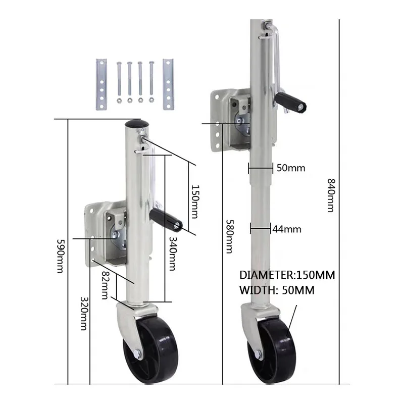 1200 lb hand trailer jack leg guide wheel 6 inch wheel strap bolts