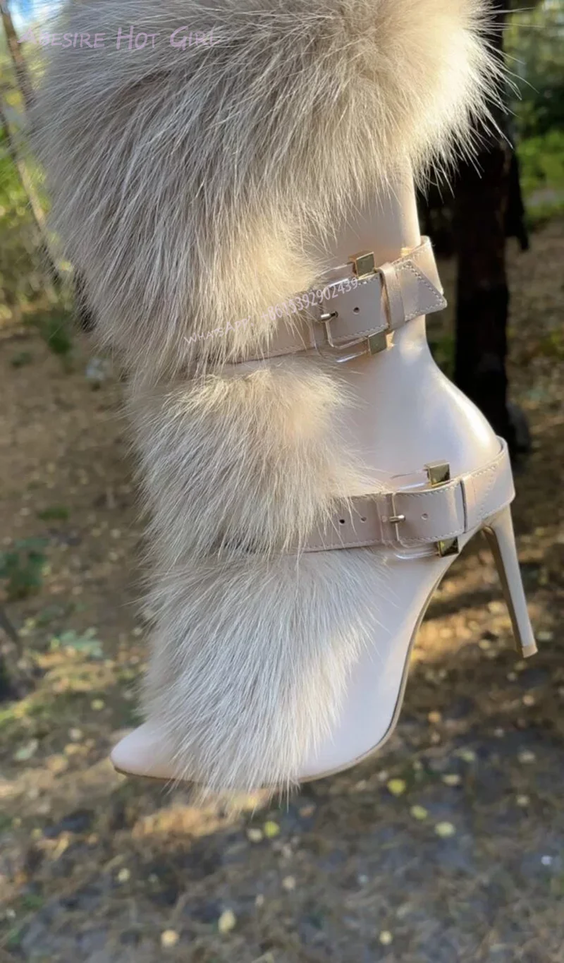 Brown Fur Pointed Toe White Leather Boots Women Striped Belt Buckle Cool Girl Calf Booties Tassel-Tie Cover Casual Zipper Shoes