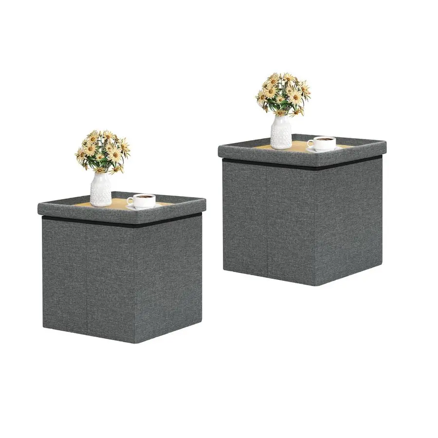 

Storage Ottoman with Tray, Linen Small Coffee Table Folding Foot Rest Seat Cube, Dark Grey 16X15.7x15 Double 2 Pack