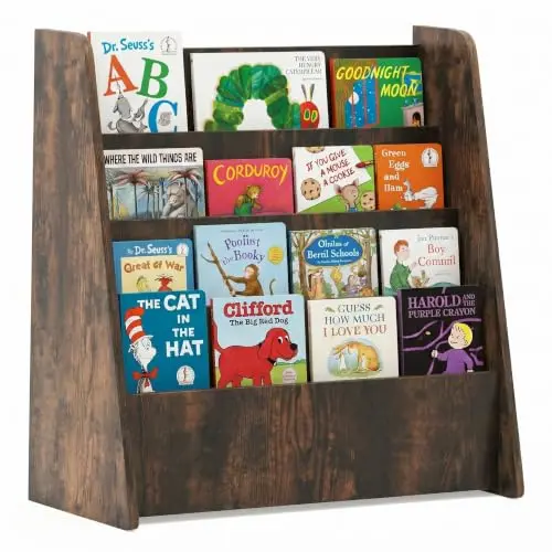 4-Tier Kids Magazine Rack Display Organizer, Coffee Bookshelf | Wodden Children's Bookcase, Forward Facing Book Stand