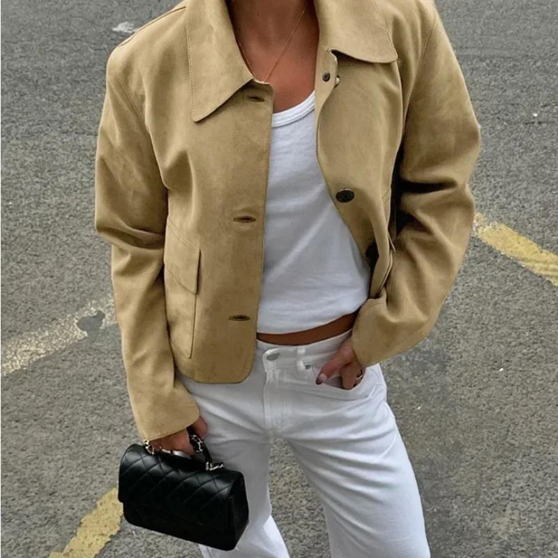 Fashion Suede Leather Long Sleeve Cropped Jacket Women Casual Lapel Single Breasted Pockets Coat 2024 Autumn Lady New Streetwear