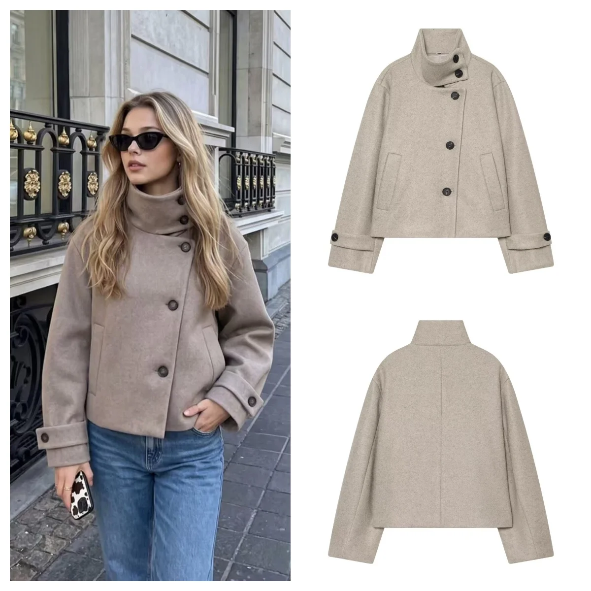 Women's Jacket 2026 Autumn/Winter New European and American Trend Stand Collar Button Wool Elegant Street Party Casual Coat