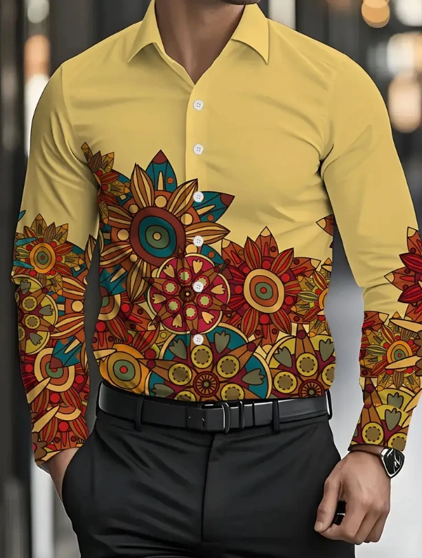 Shirt New Men's Summer Cotton And Linen Lapel Beach Shirt Long Sleeve Solid Color Hawaiian Holiday Clothing Rose Pattern Shirt