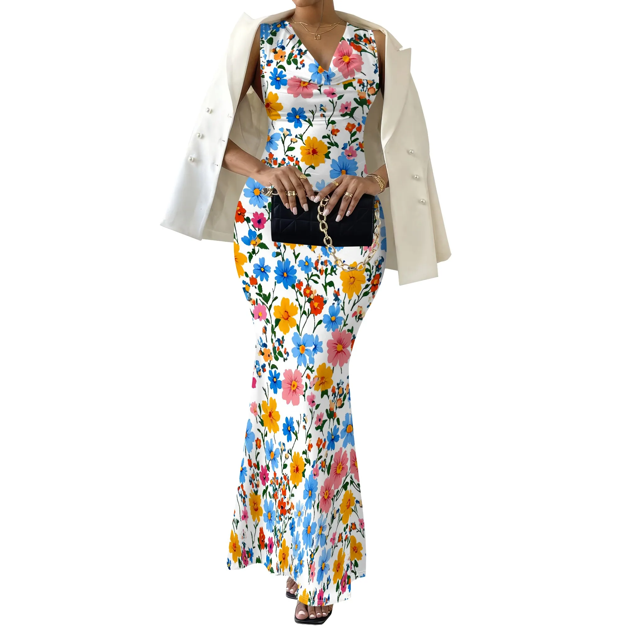 Women's Vibrant Multi-Color Floral Maxi Dress V-Neck Sleeveless Gown for Summer Beach Wedding & Holiday Party XS-2XL