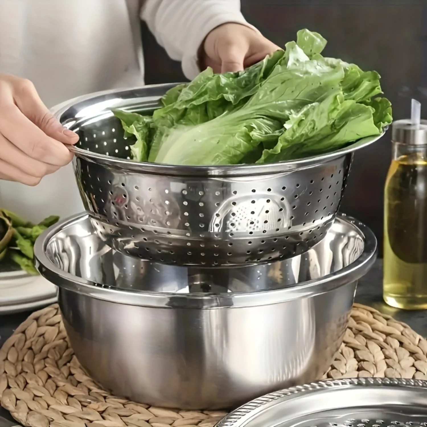 

Stainless Steel Kitchen Set Colander, Vegetable & Fruit Slicer, Grater - Includes Potato Peeler, Carrot Shredder, Rice Washer B