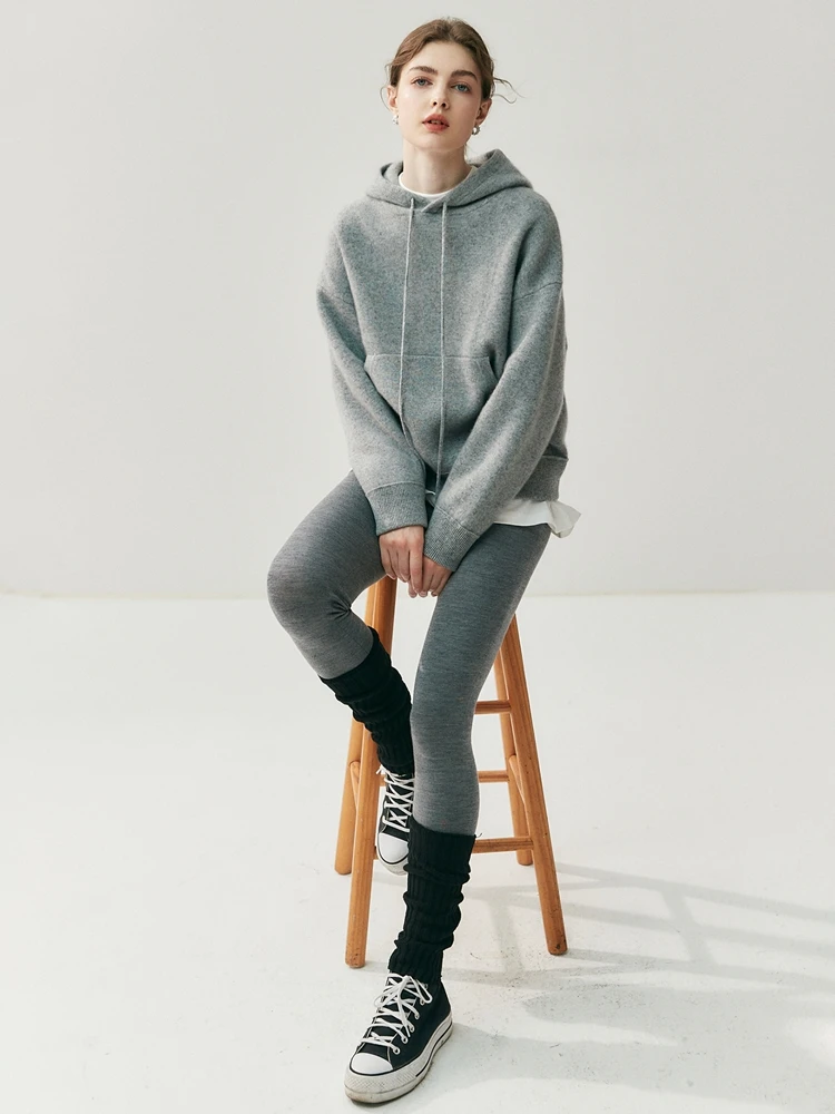 High‑Quality Women Fall Winter 100% Cashmere Hooded Drawstring Pullover Hoodie Casual Thick Soft Knit Top
