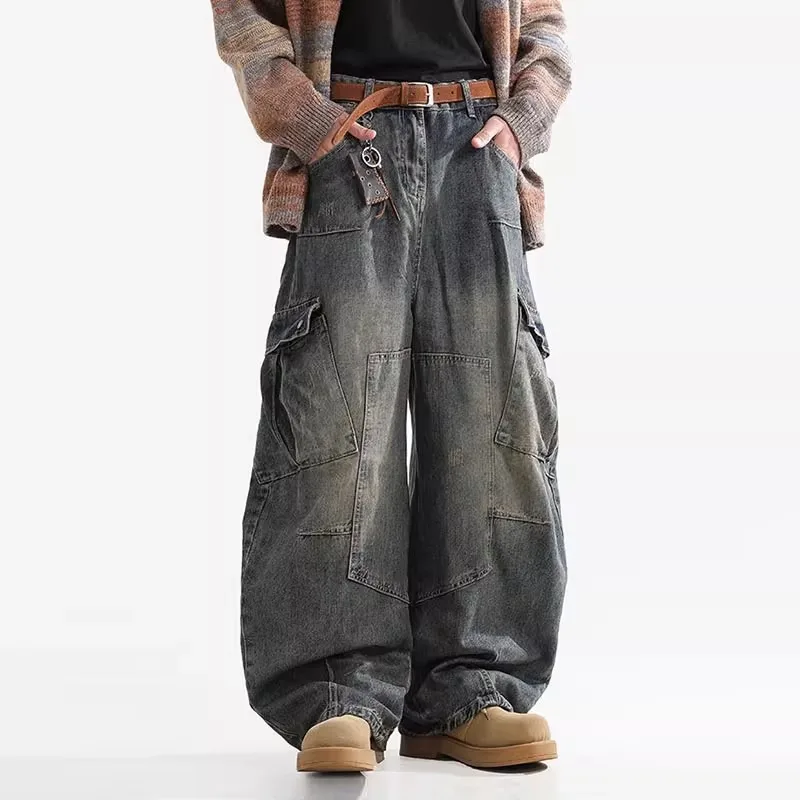 KIDWHXR Herren Cargo-Hose Vintage High Street Kontrastfarben Gewaschene Denim-Hose Retro Loose Fit Mittlere Taille Taschen Herrenhose – Detail 5