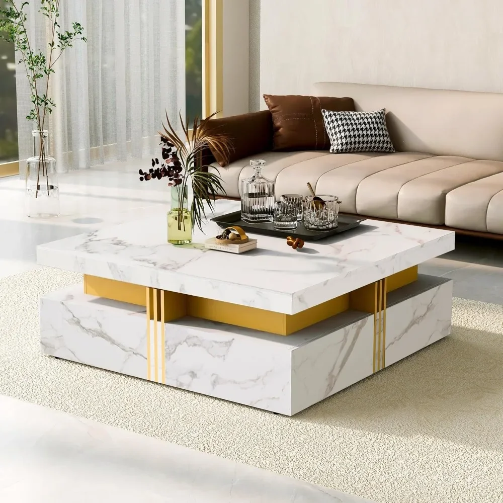 

47in LED Coffee Table with Wireless Charging and Speaker, Modern Coffee Table With 2 Sliding Drawers, Marble CoffeeTable