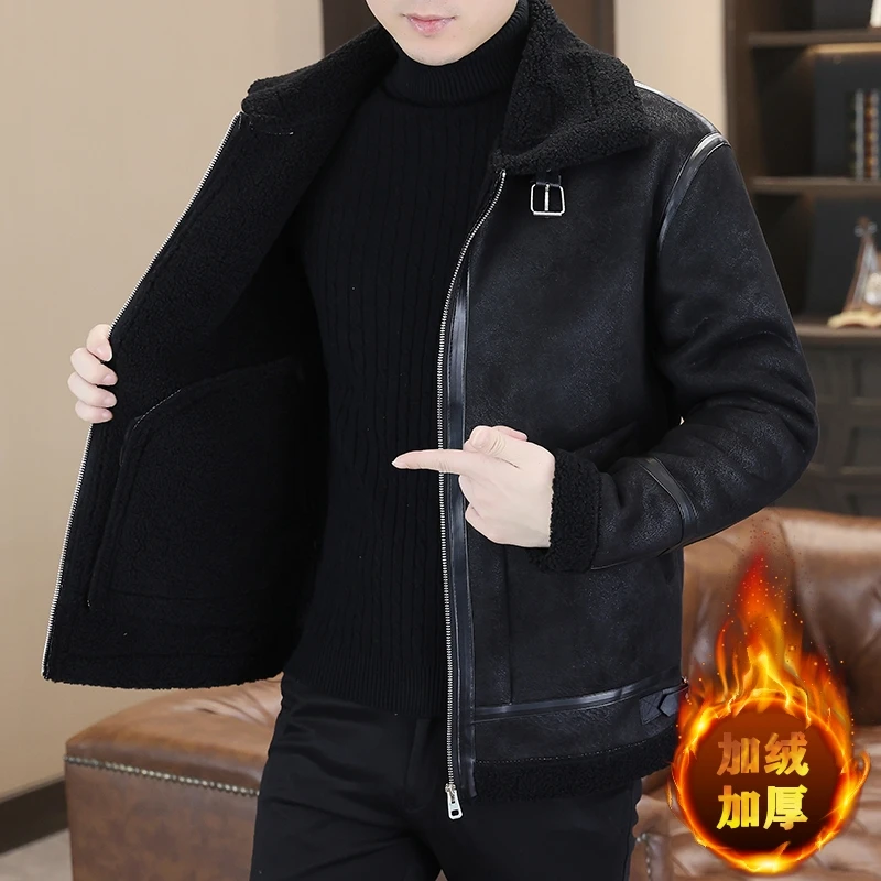 

Winter Fashion Warm Thickened Leather Jacket Lapel Solid Zipper Design Work Coat Men's Wool Liner Jacket