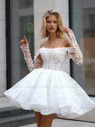 Lace Ivory Wedding Dresses Off-Shoulder Long Sleeves Short Bride Dresses A-Line Button Mini Dress For Women 2023 Robe De Mariée