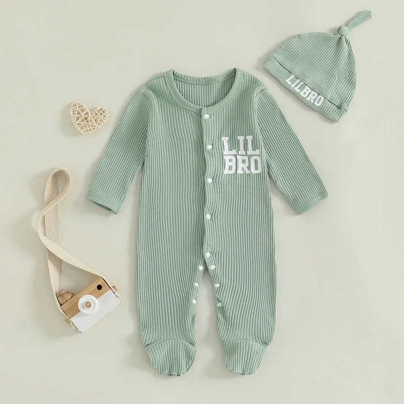 Baby Boys Letter Print Buttons Round Neck Long Sleeve Ribbed Romper Jumpsuits with Hat Newborn Clothes Set