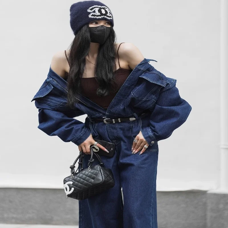 Blauw design denim jumpsuit dames lente en herfst kraag modieuze werkkleding grote zak losse broek