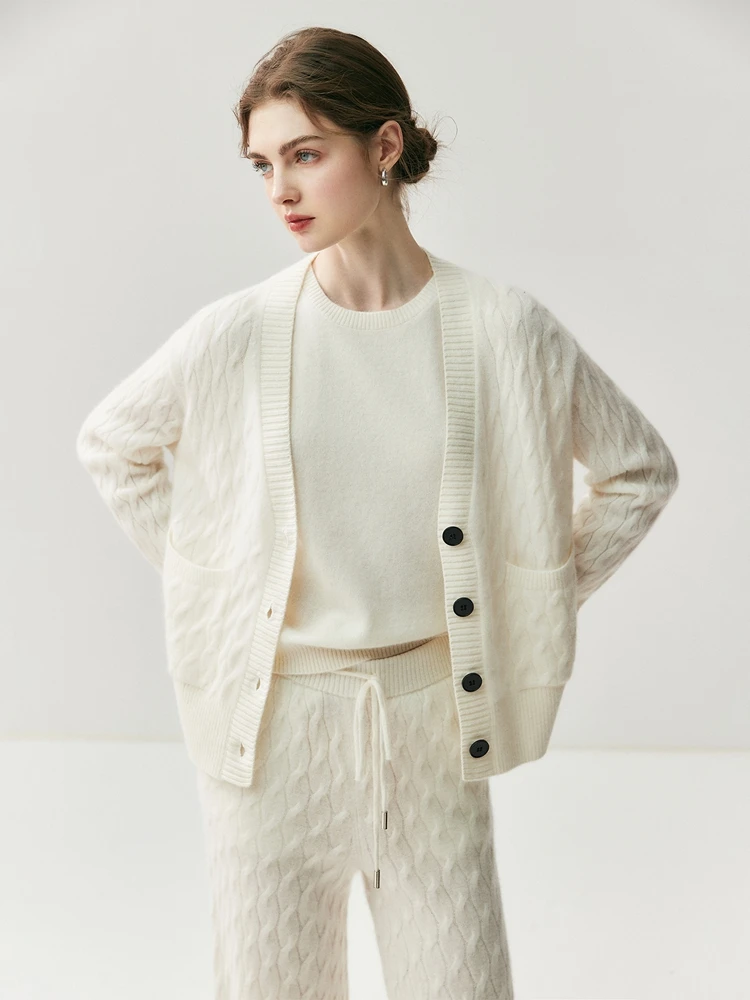 TLOML جديد الخريف الشتاء شيك المرأة 100% الكشمير تريكو كابل متماسكة الخامس الرقبة أزرار جيب سترة لينة الدافئة مريح سترة القمم
