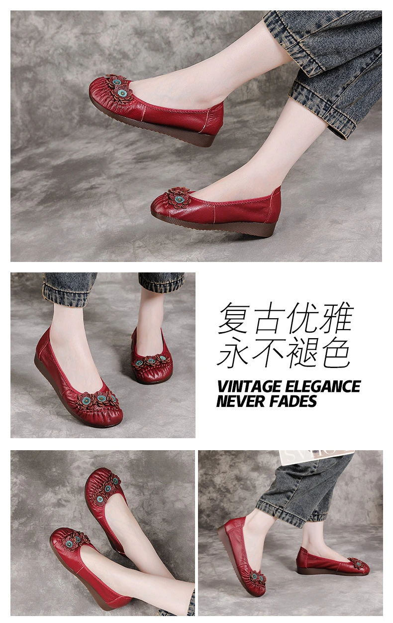 Boho Vintage Echtleder-Ballerinas für Damen, Blumenmuster Slip-On Fahr-Mokassins, Weiche Ethnische Retro-Schuhe, Flache Schuhe für Mütter – Detail 8