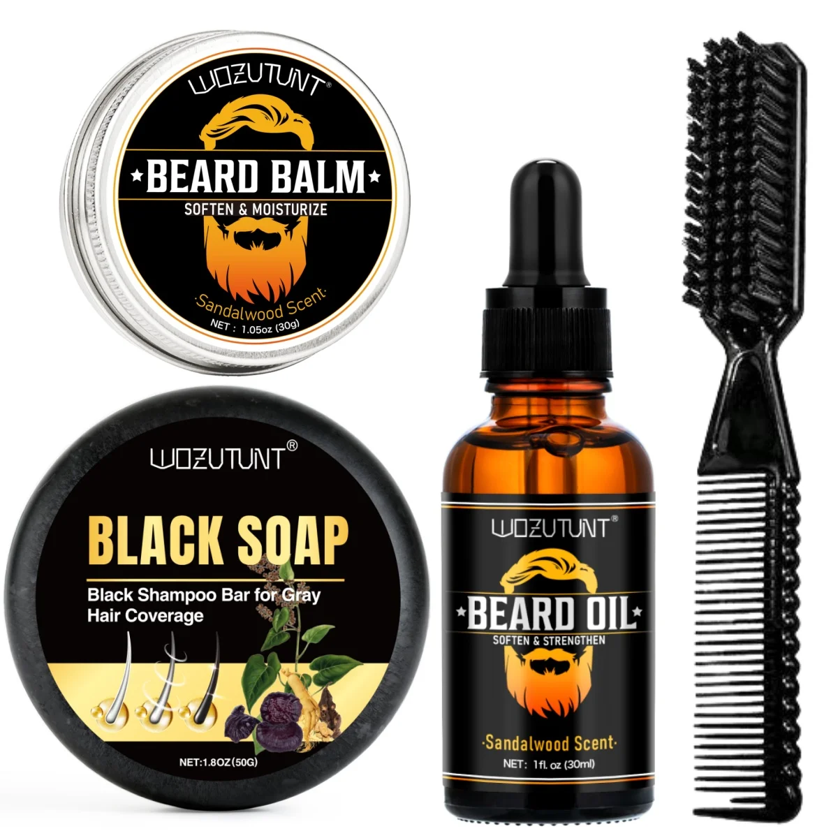 Natural Plant-based Black Soap for Hair,Beard Cleansing,Softening  Styling Beard Balm Moisturizing Nourishing Beard Oil Care Set