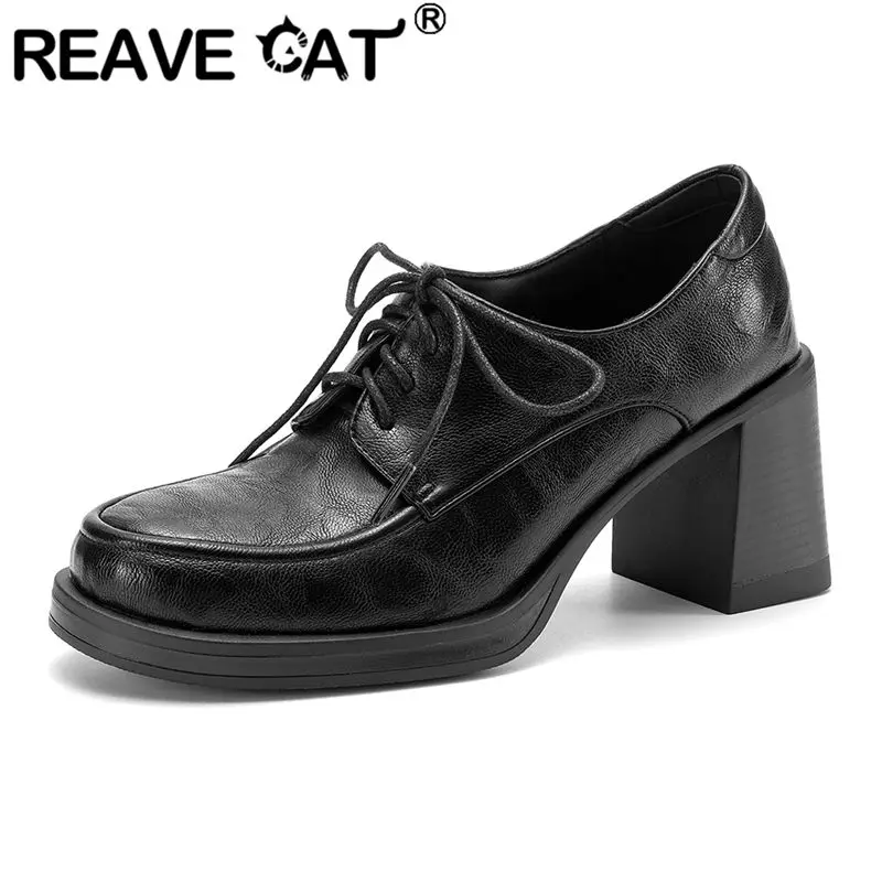 

REAVE CAT Black Soft Women Pumps Round Toe 7.5cm Chunky Heel Lace Up Plus Size 41 42 43 Leisure Daily Office Lady Shoes Handmade