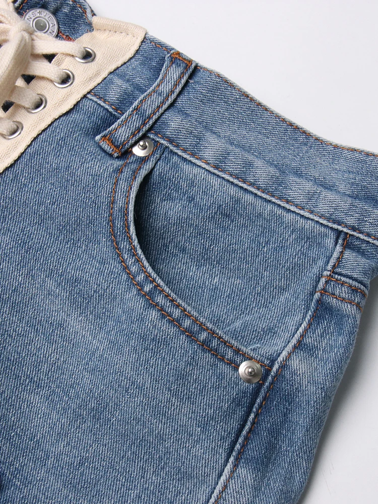 TWOTWINSTYLE Patchwork Ribbons Denim Shorts For Women High Waist Hollow Out Casual Streetwear Short Trousers Female Fashion 2022