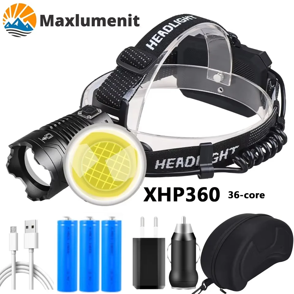 Superheller XHP360/XHP90 Hochleistungs-LED-Scheinwerfer, zoombarer Powerbank-Scheinwerfer, USB wiederaufladbar, 18650-Akku, Kopf-Taschenlampe