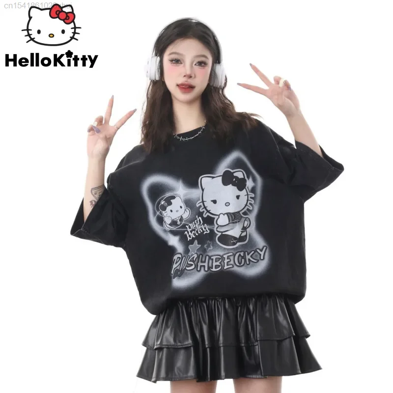 Sanrio Hello Kitty Gothic Printed Black White T-shirt Y2k Youthful Woman Clothes Summer New 2024 Oversize Top 2000s Punk Tees