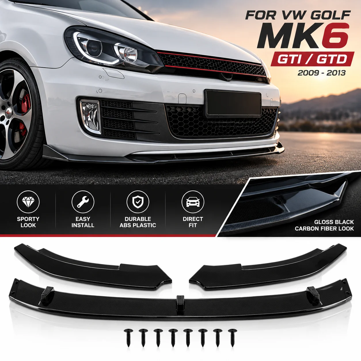 For VW Golf MK6 GTI GTD Front Bumper Lip Spoiler Splitter Diffuser Deflector 2009-2013 Gloss Black Carbon Fiber Look ABS Plastic Replacement Body Kit Tuning Apron Direct Fit Easy Install Car