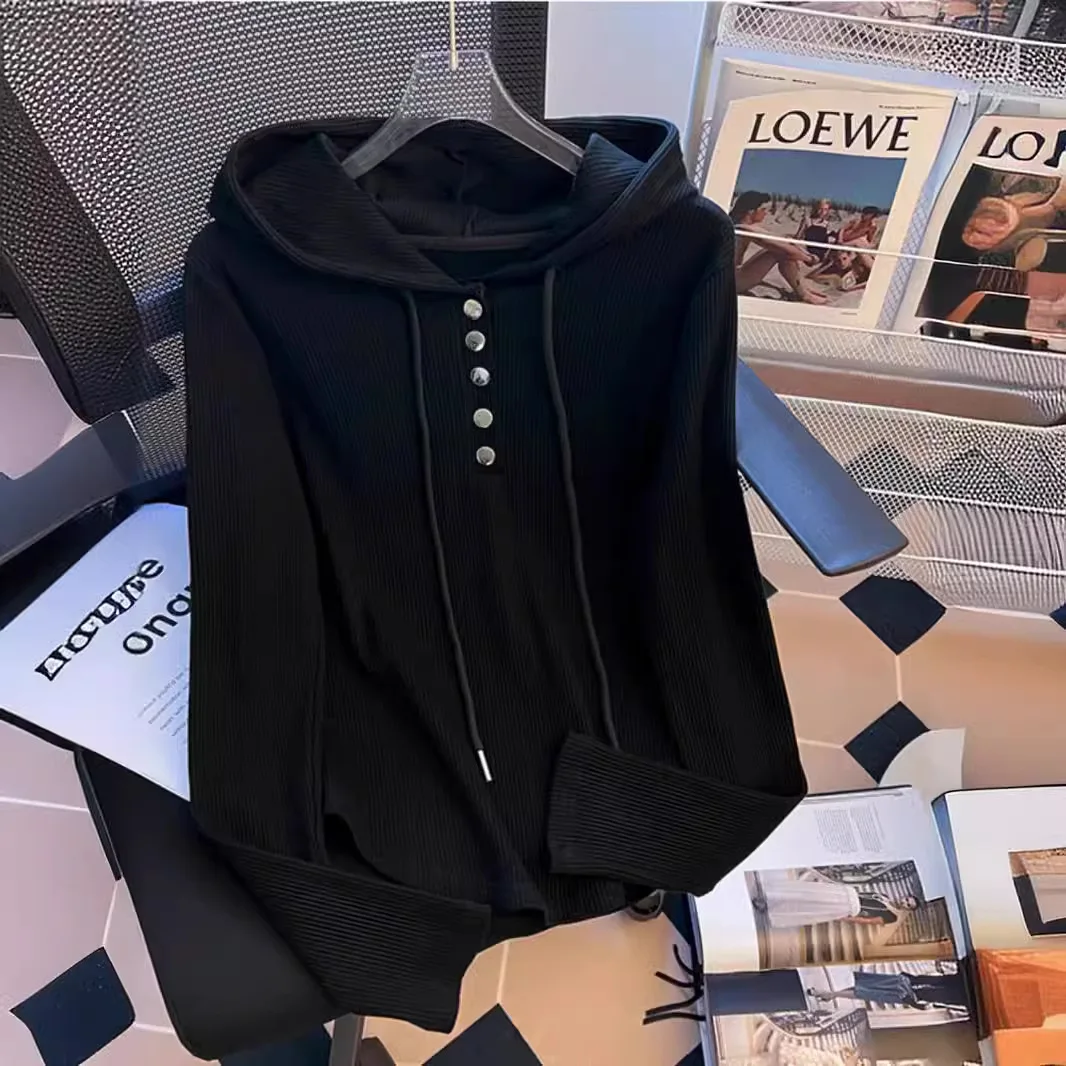 Unique Buttoned Hooded T-Shirt Women's Spring Autumn New Irregular Short Sleeve Long Sleeve Base Layer Sun Protective Top