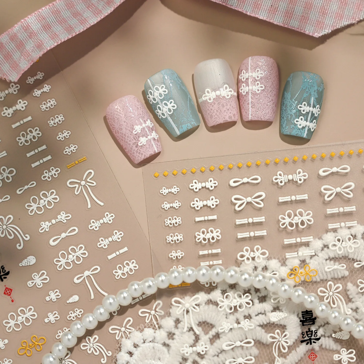 Goud Groen Chinese Traditionele Knoop Knop Bloemvorm Riem Kant Strik Lint Zelfklevende Nail Art Sticker Manicure Decals