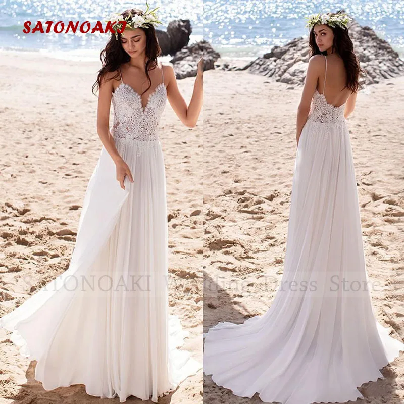 

Elegant Sexy Spaghetti Strap Boho Lace Chiffon Wedding Dress for Women A-Line Backless Bride Gown Vestidos De Novia Robe Mariée