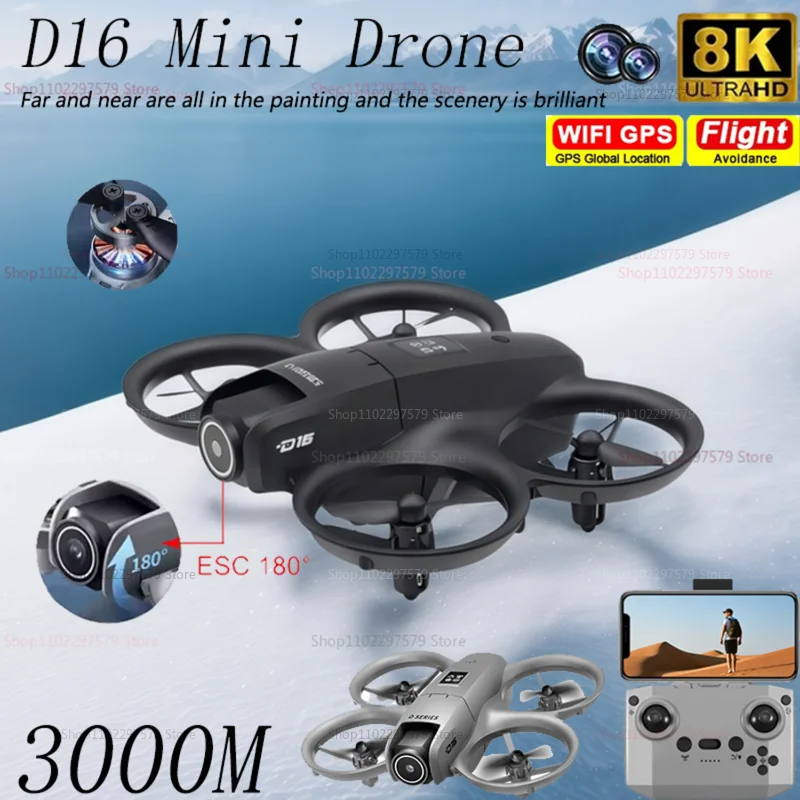 طائرة بدون طيار صغيرة D16 جديدة مع 180 ° قابل للتعديل 8K HD كاميرا واي فاي ضوء تدفق عقبة تجنب أجهزة الاستقبال عن بعد لعبة هدية طفل الكبار الأب