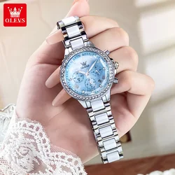 OLEVS Original Women's Watch Elegant Fashion Quartz Wristwatch For Women Blue Dial Ladies Watch Set Waterproof Date