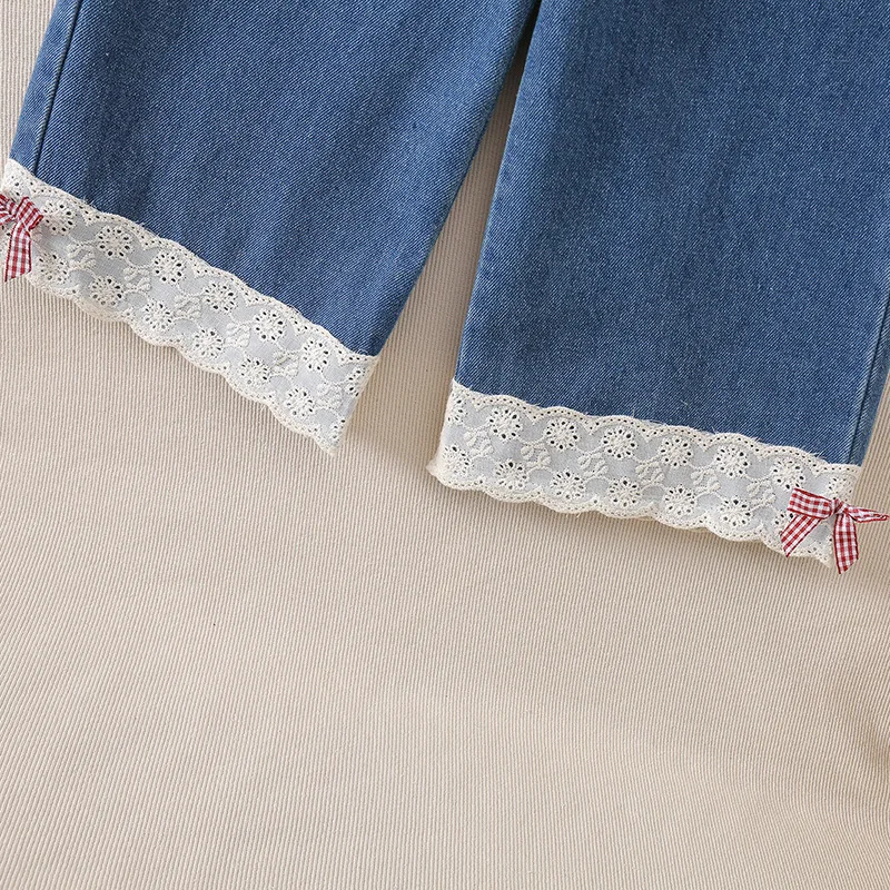 Kids Spring Jeans with Lace Hem 2-6Y Girls Loose Pants Korean style Children Sweet Elastic Waist Denim Trousers 5 Kids Spring Jeans with Lace Hem 2-6Y Girls Loose Pants Korean style Children Sweet Elastic Waist Denim Trousers 5