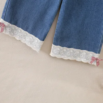 Girls Lace Hem Wide-Leg Jeans 5 Kids Spring Jeans with Lace Hem 2-6Y Girls Loose Pants Korean style Children Sweet Elastic Waist Denim Trousers 5