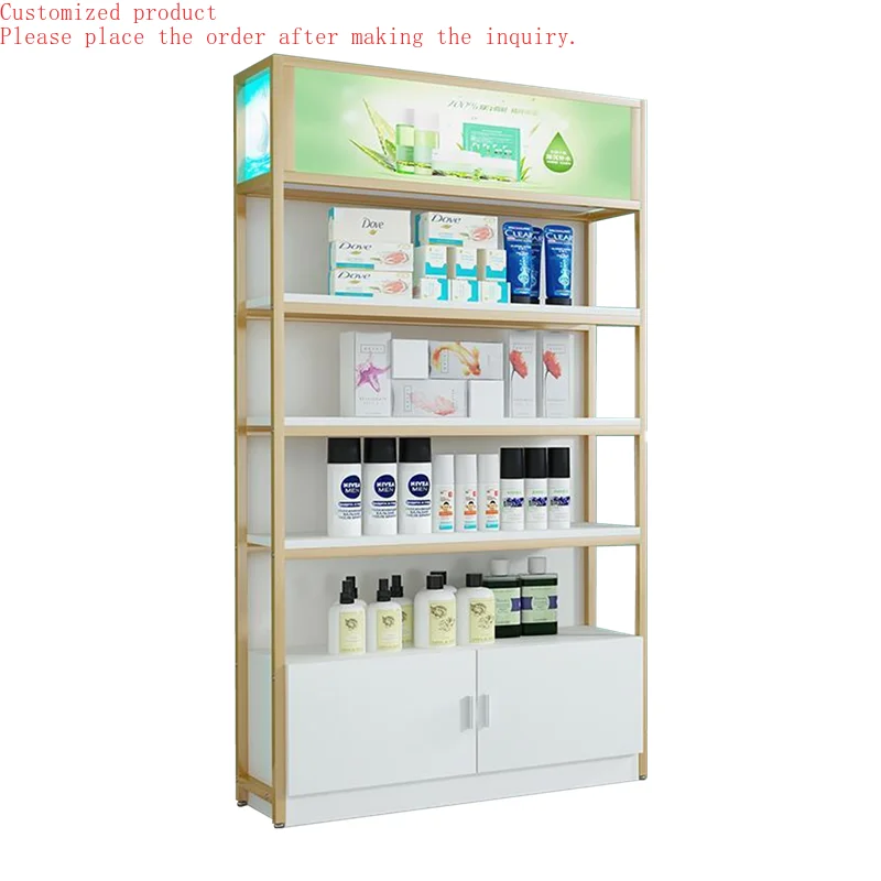 

Custom.Beautiful Multi-layers Salon Products showcase with Light Box, Skin Care Cosmetics Display and Storage Shelf with Cabine