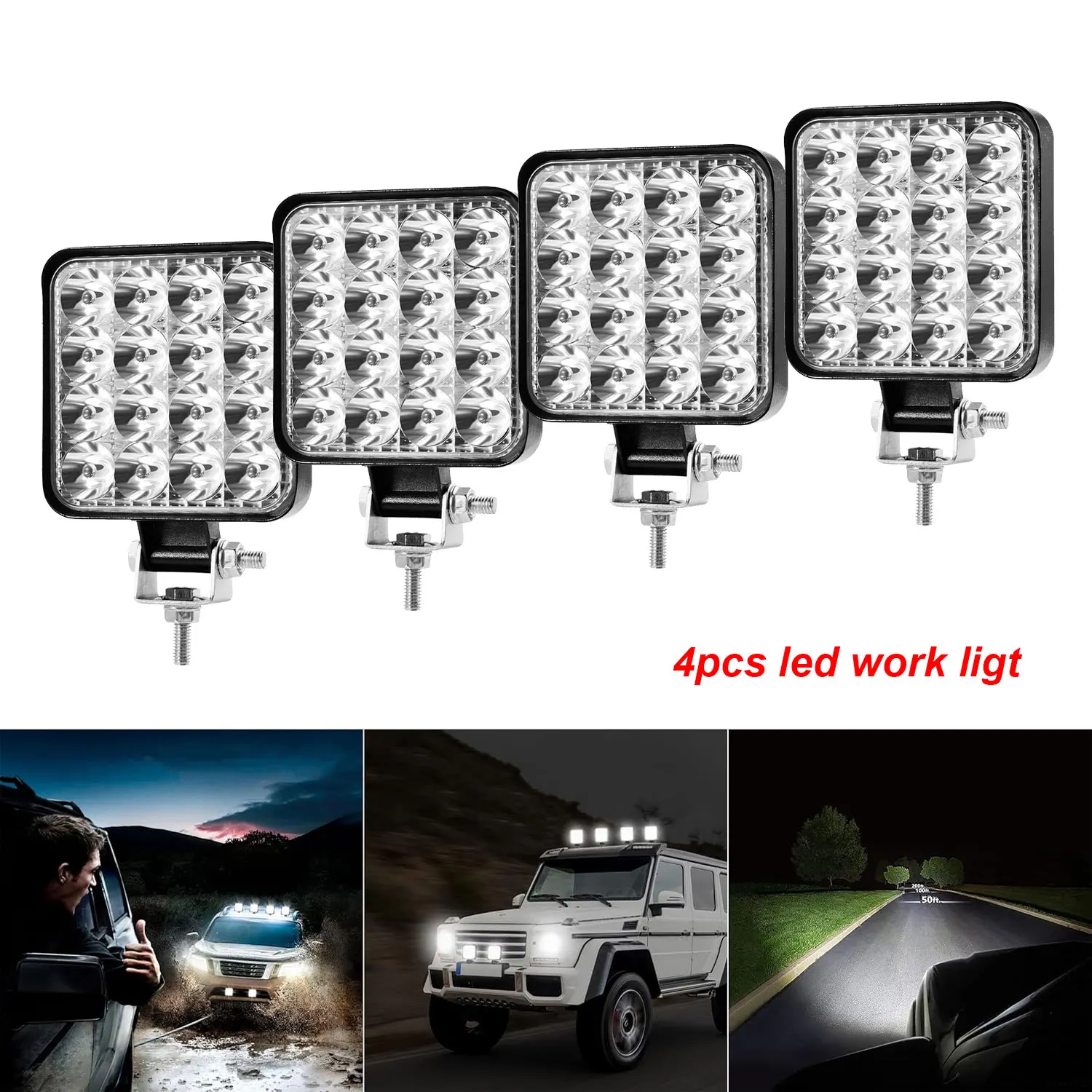 2/4Pcs Square LED Work Light 16LED 12V Waterproof Flood Spotlight Offroad Driving Lamp For Excavator Truck Harvester SUV ATV