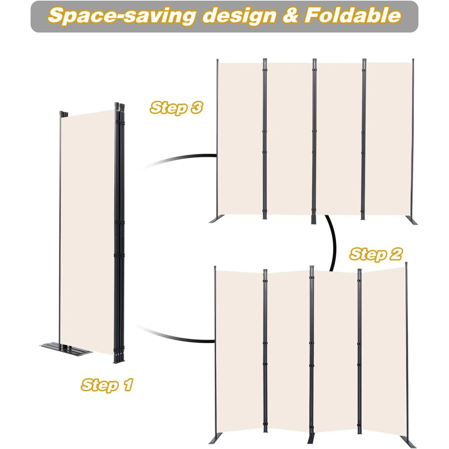 Portable Folding Privacy Screen Room Divider com pés de apoio mais largos, divisória para quarto separador, 4 painéis, 6 pés