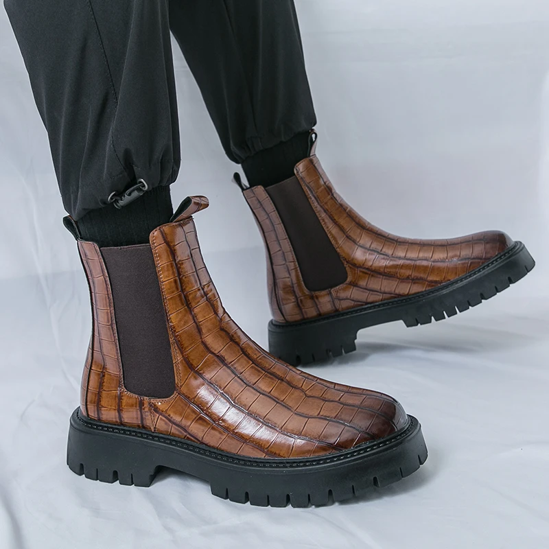 

Faionable Busin Men's Chelsea High Top Boots Boots Leisure Leather Boots Waterproof round Toe Low Heel Rubber Sole