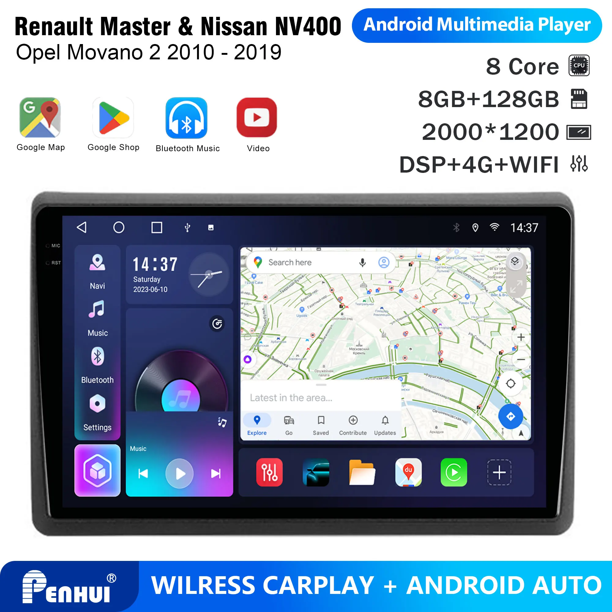 Reprodutor de DVD para Carro Android Penhui 2 Din para Renault Master & Nissan NV400 & Opel Movano 2 2010 - 2019 com DSP, Bluetooth, CarPlay