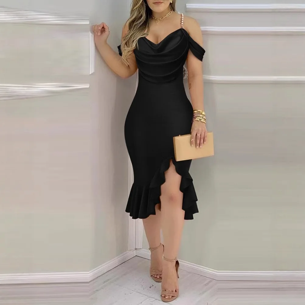 

Women's Autumn Casual v Neck Pearls sling Bodycon Dress fashion solid sexy Off the shoulders Ruffles Bodycon Midi Dress women