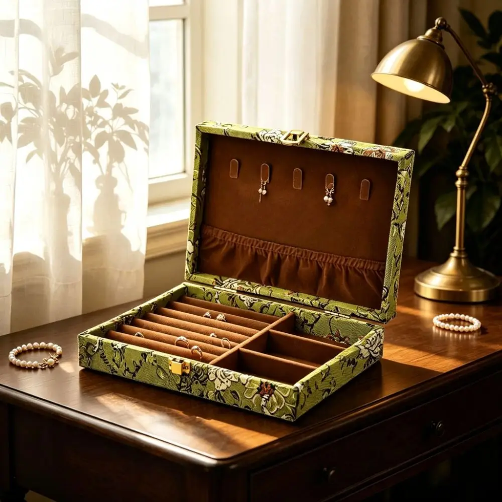 Retro Wooden Jewelry Box Floral Large Capacity Vintage Jewelry Case Embroidered Luxury Multi Compartment Jewelry Holder Bracelet
