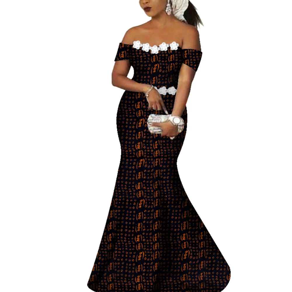 

Модное женское африканское платье с открытыми плечами, хлопковые длинные платья макси с африканским принтом, белые цветы, халат с вырезом в африканском стиле WY4365