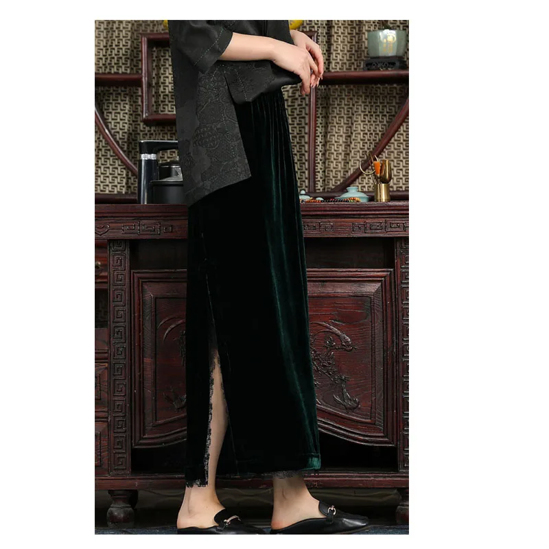 Fengbaoyu Silk Velvet Spring Ladies' Half-length Skirt High Waist Sagging Feeling Medium-length Open Fork Skirt Women's Clothes