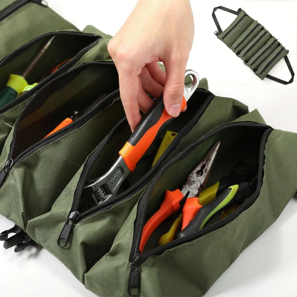 1pc Multi-Purpose Canvas Roll Tool Bag Car Tool Organizer First Aid Kit Storage Wrap Heavy Duty Portable Multiple Zipper Pockets