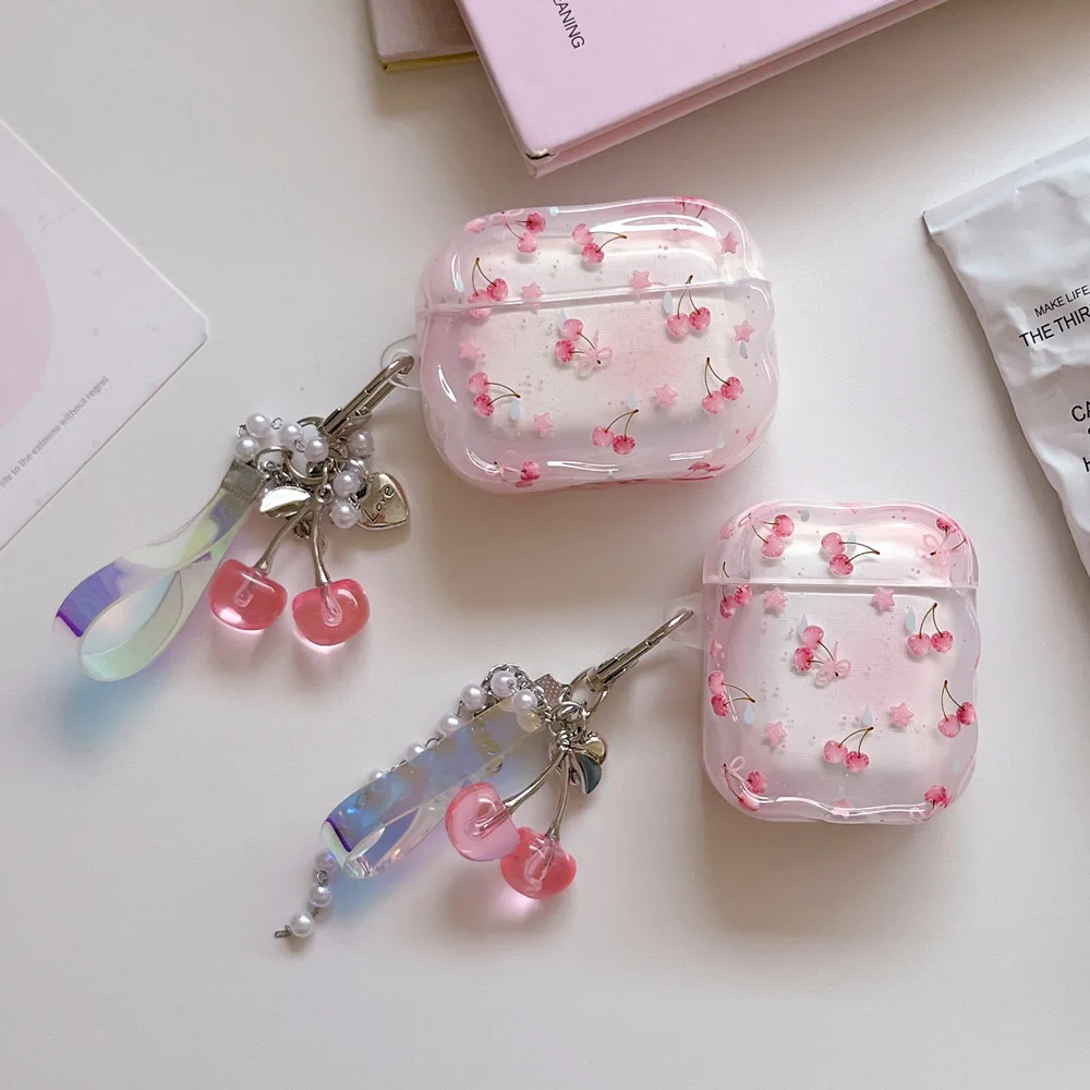 Simple Fashion Wave Star Dyeing Pink Cherry Keychain Glossy Protective Earphone Case Suitable for AirPods Pro3 Pro2 1 2 3 4 Pro