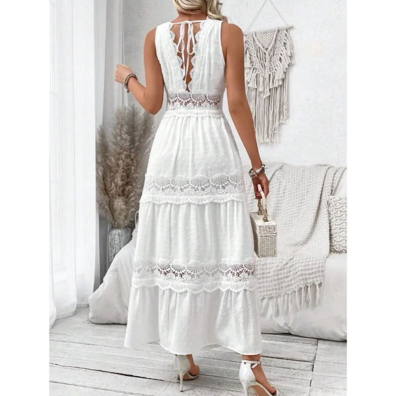 Women Casual Lace Patchwork Dress Lady Sexy V-neck Hollow Out Maxi Party Dresses Summer Sleeveless Bandage Bohemia Long Vestidos