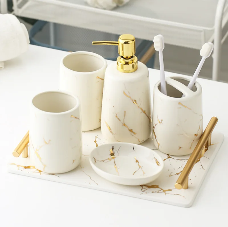 Ceramic Imitation Marble Bathroom Accessories Set Washing Tools Mouthwash Cup Soap Toothbrush Holder Wedding Supplies