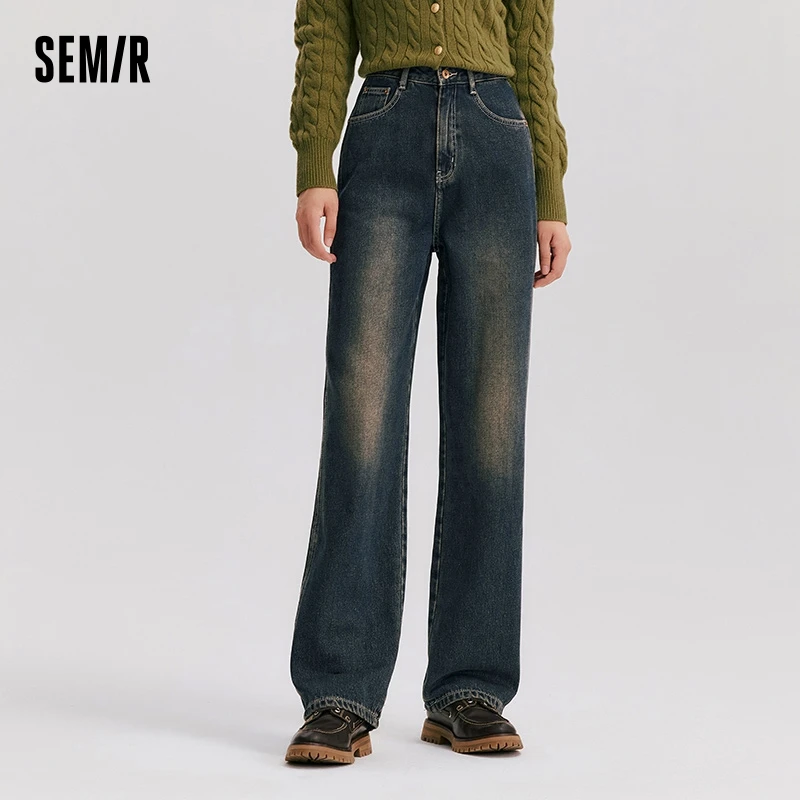 Semir Jeans Women Frayed Wide-Leg Pants Leg-Straightening 2024 Winter New Flare Pants Hong Kong Style Denim Trousers