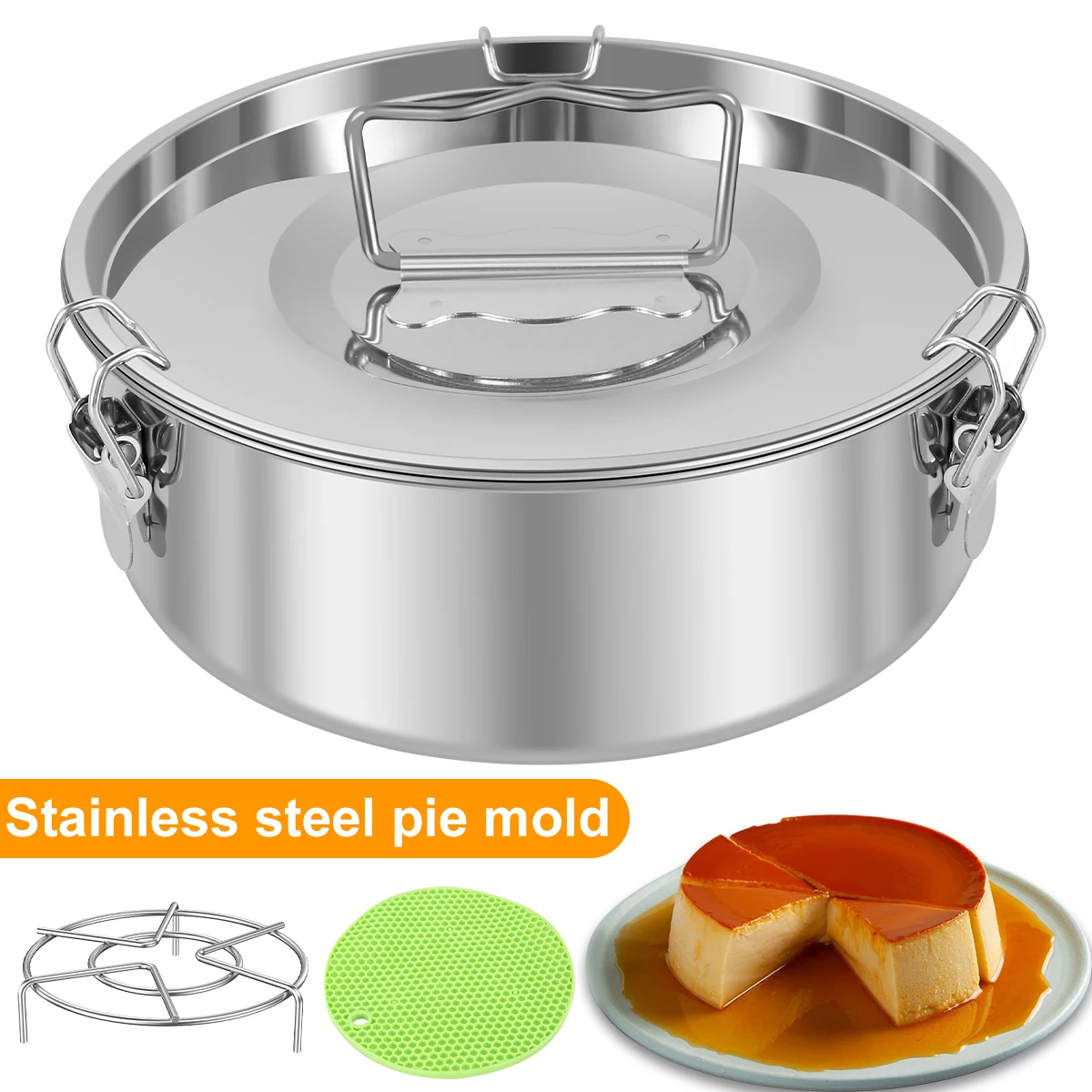 Stampo Flan in acciaio inossidabile con cremagliera a vapore e tappetino in Silicone 1.5QT Flan stampo da forno disco rotondo per Cheesecake forniture da cucina