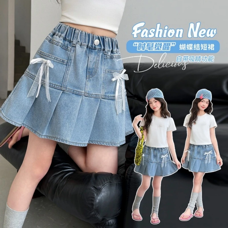 

Girl's Anti-Exposure Pleated Denim Skirt Summer Girls Fashion Denim Skirt Sweet Bow Decoration Suitable for Ages 7-14