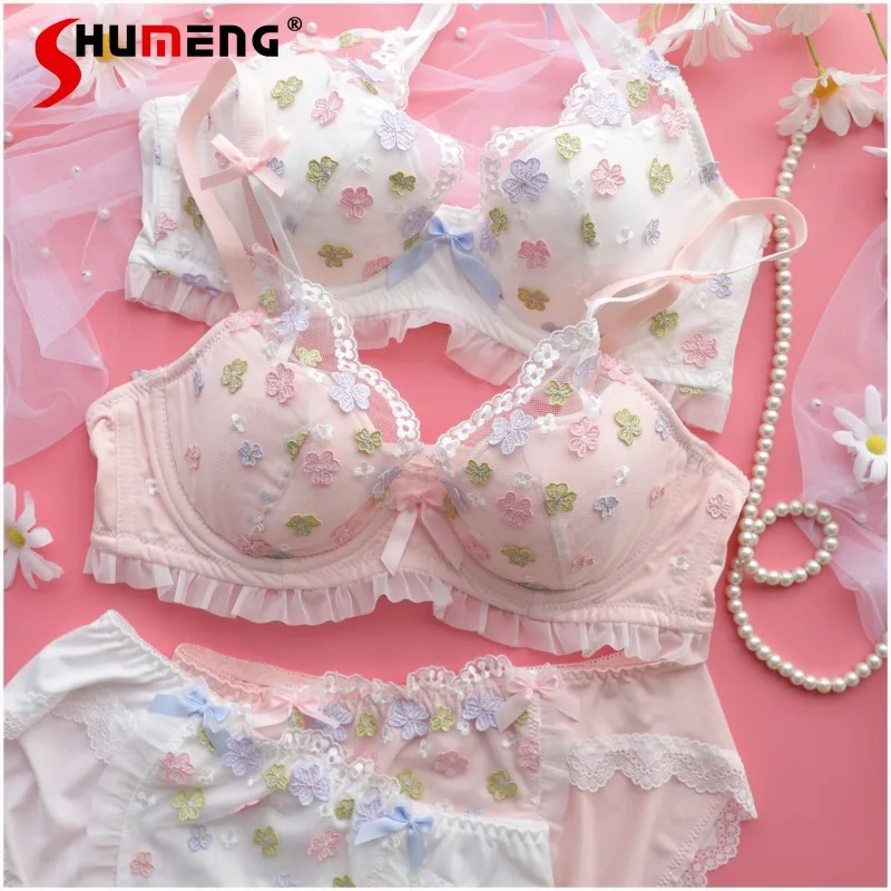 

Japanese Style 3D Embroidery Intimates Female Thin Cup Butterfly Cup Bra Set Women Floral Push Up Sexy Sweet Brief Suits