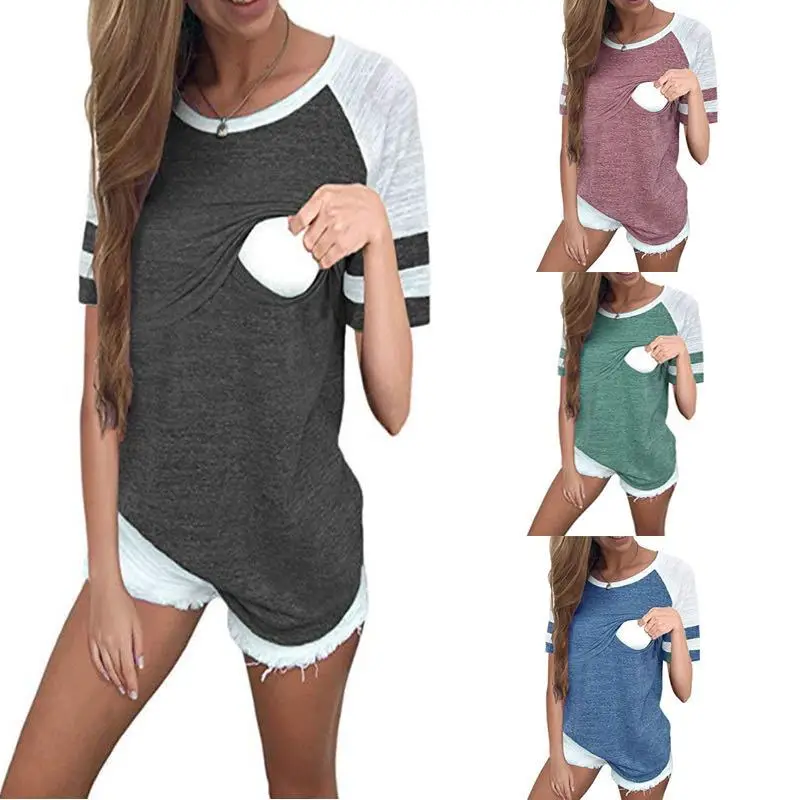 

Maternity Breastfeeding Tee Nursing Tops Striped Colorblock Short Sleeve T-shirt Plus Size S-XL Maternity Clothing Tees